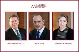 Headshots of Michael Bowsher QC, Ewan West and Anneliese Blackwood