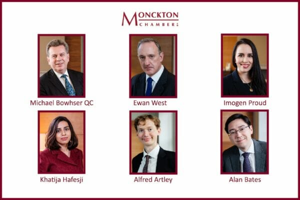 Headshots of Michale Bowsher QC, Ewan West, Imogen Proud, Khatija Hafesji, Alfred Artley, Alan Bates